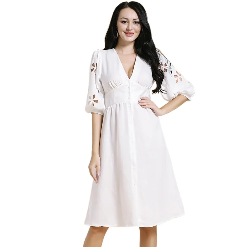 New style V-neck lantern sleeves, mid-sleeves, waist, single-row buttons, hem, cross-border temperament mid-length skirt