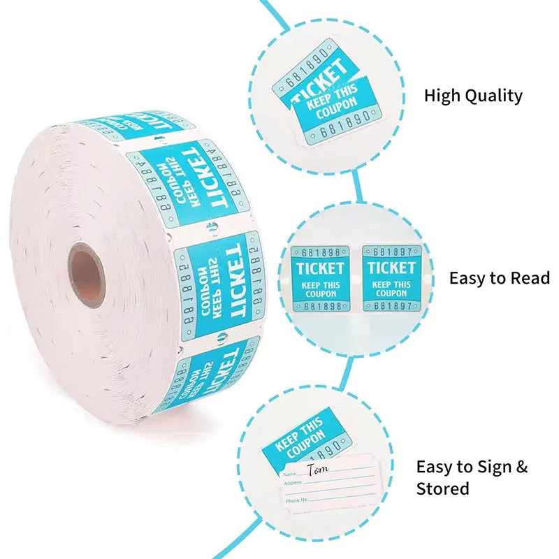 Stock 65mmx156mm 2000 Raffle Colorful Lottery Arcade Double Side Game Redemption Sheet Ticket Rolls for Concerts Party Coupon