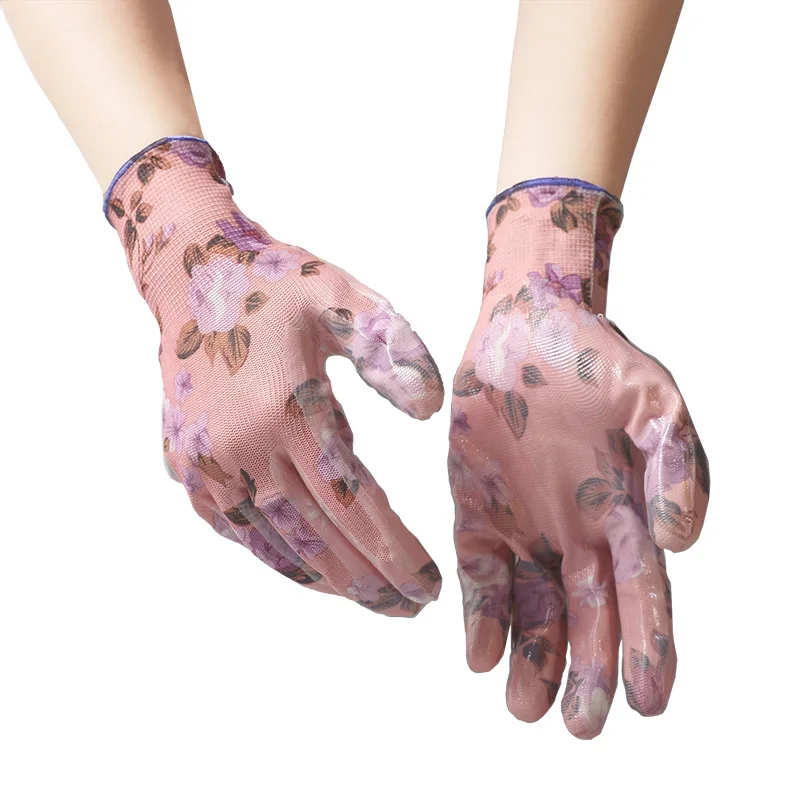 RHK Manufacturer Price 2024 New Custom Wholesale Women Gardening Nitrile Coated Floral Printed Safety Nitrile  Gloves for Garden