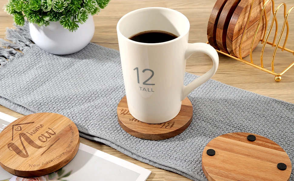 Housewarming Gifts for Home Decoration Real Acacia Wood Coasters for Coffee Table Dining Table Desk with Non-Slip Pad 4 Inch