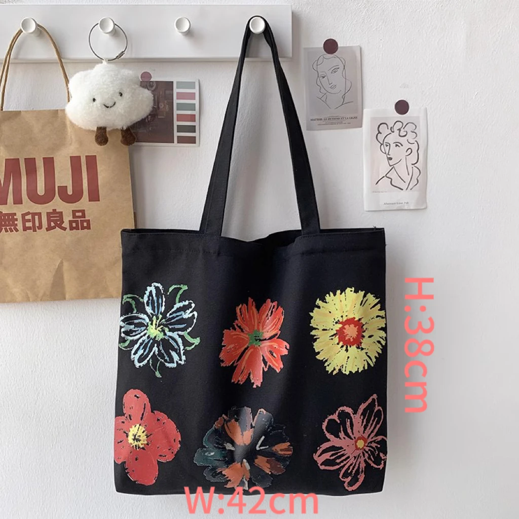 High quality Customise print flower shopping bag school designer floral pattern fabric cotton canvas custom tote bag for women