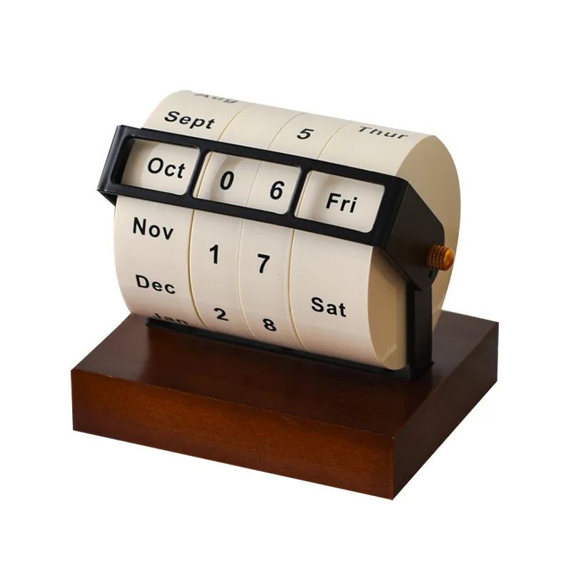 Office Gift Custom Design Wood Metal wheel perpetualTurning Flip Over Work Desk Calendar