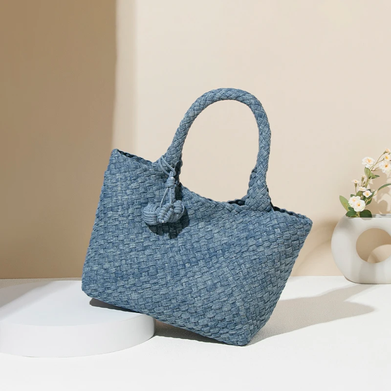 Factory direct new ladies bag fashion senior denim full handmade weaving bag handbag shoulder large capacity   travel tote bag