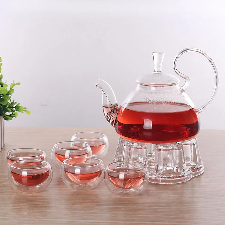600ml glass flower tea set tea pot with glass filter cups warmer heating base and tray