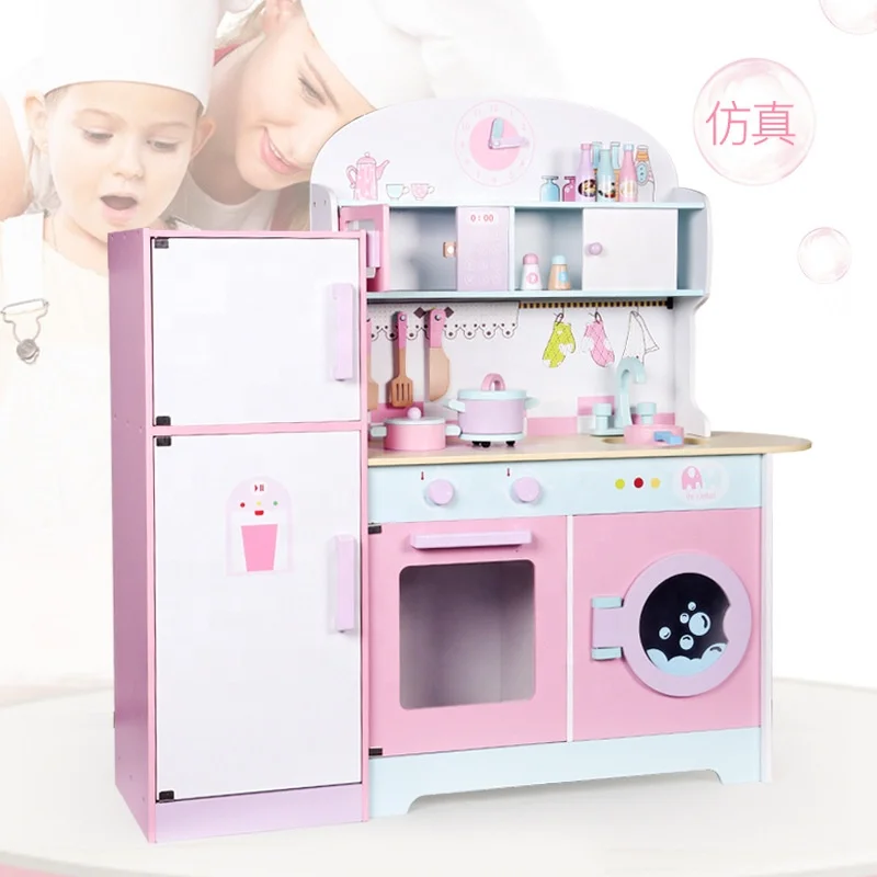 custom pink wooden large pretend playing educational wooden kitchen refrigerator toy for girls