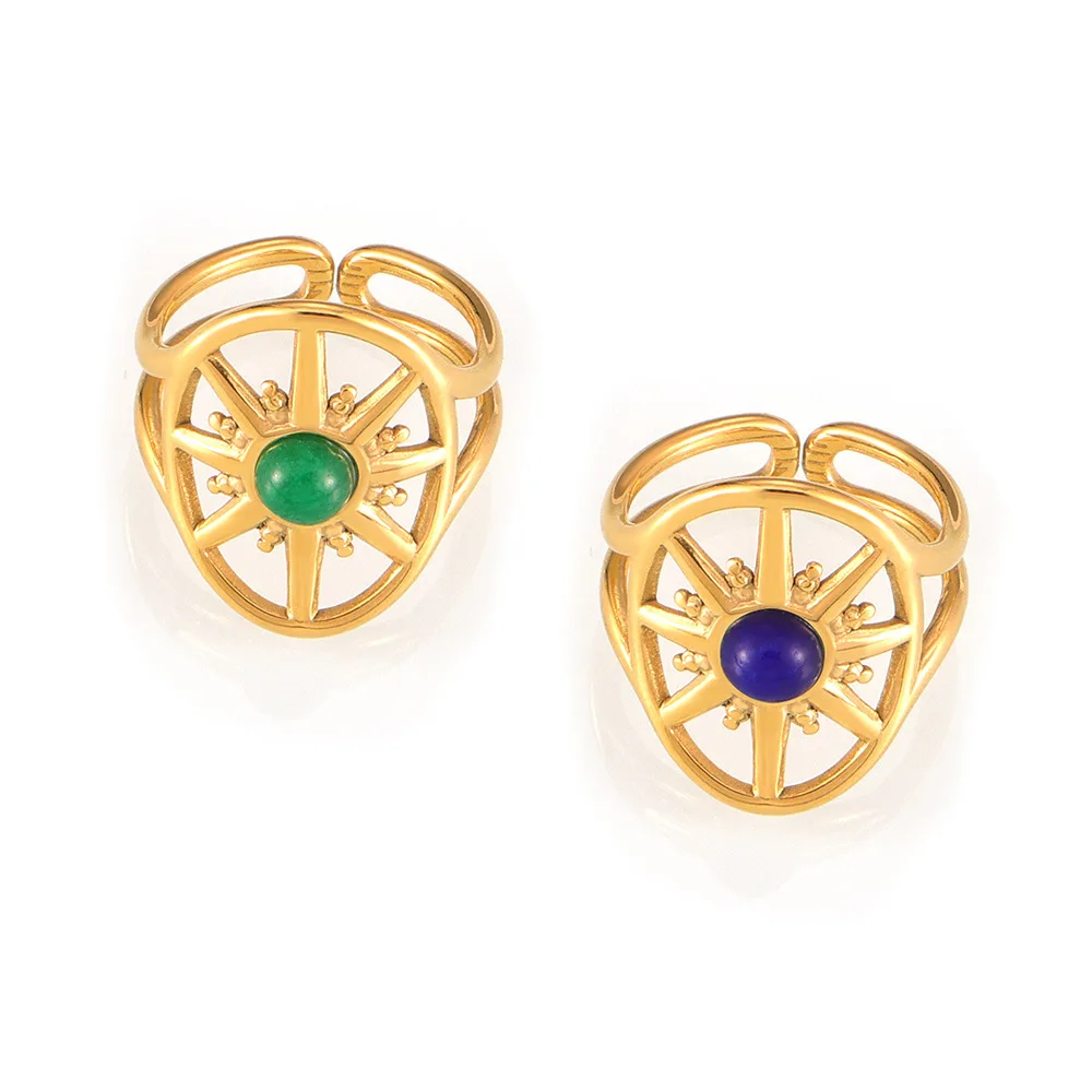 Vintage Stainless Steel 18K IP Plated Personalized Sunburst Natural Stone Opening Rings For Girls Party Gift