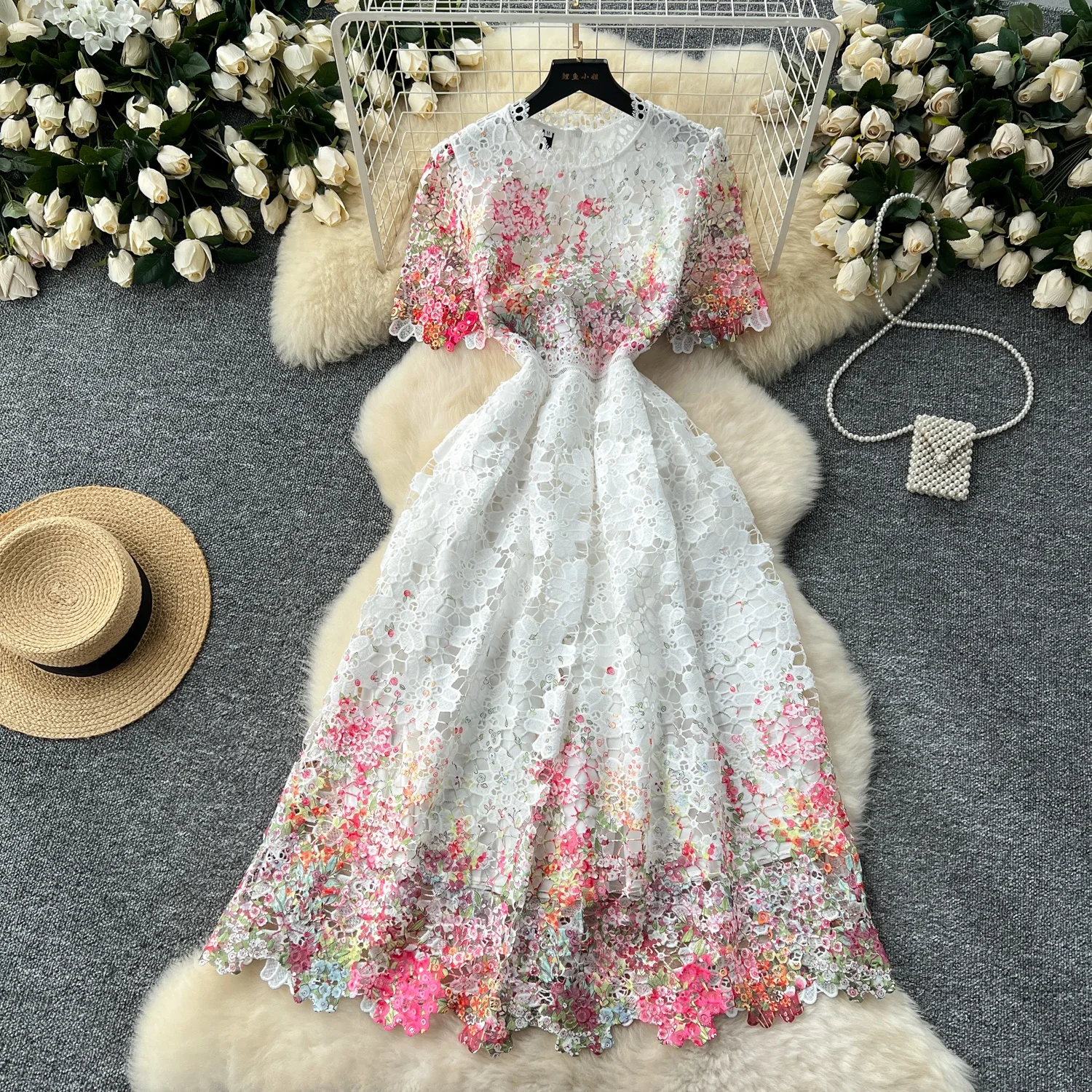 Premium Hollow Out Lace Printed Dresses Women Round Neck Short Sleeve Long Dresses