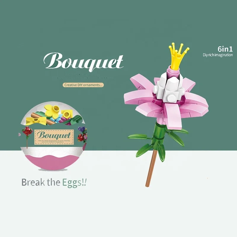 New Product Tiktok Funny Abs 6 In 1 DIY Rich Imagination Flower Building Block Sets Toys For Kids Surprise Egg Gashapon Capsule