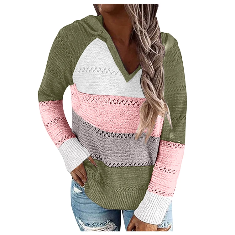 
2020 winter fashion Color Block Oversized vneck Sweaters Striped Long Sleeve Loose regular Knitted Pullover Jumper Tops 