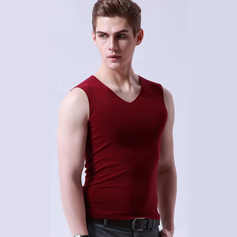 Mens Ice Silk Bottoming Shirt V-Neck Sports Stretch Seamless Vest