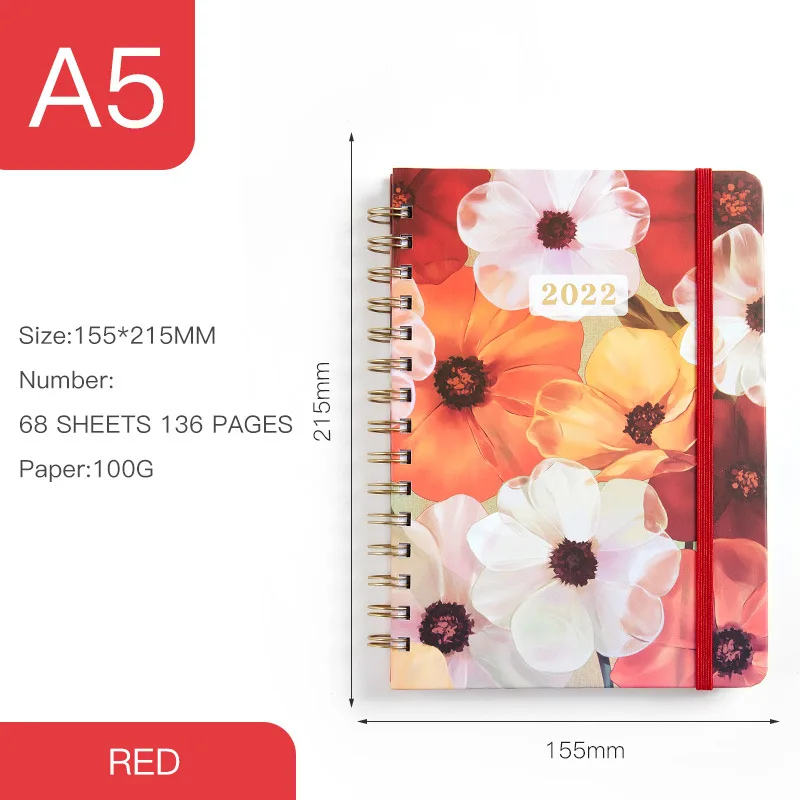 New Design Fashion Beautiful 2022 Planner Journal Flower Coil Spiral Binding