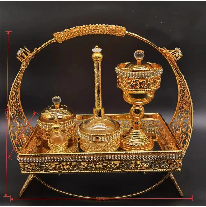 2024 New Arrived Vintage Rhinestone Luxury Metal  Electroplate Gold Islamic Religious Bakhoor Set  Oil Aroma Incense Burner Set