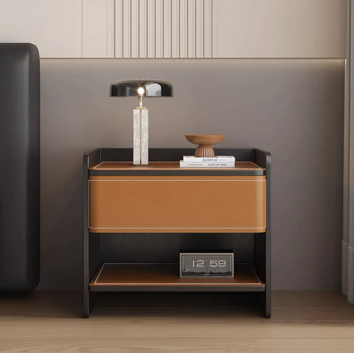 Saddle leather bedside table modern simple light luxury high-end bedside table home bedroom hotel storage cabinet side table