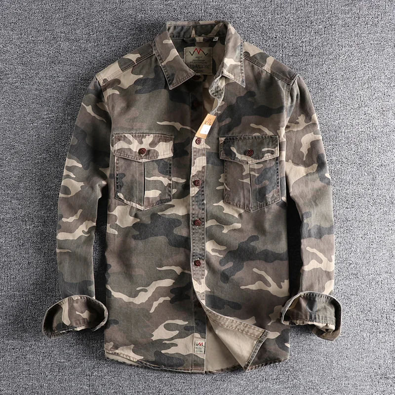 Hot Sale Long Sleeve  Wear Cargo Shirt Men Outdoor Uniforms Shirt Cotton Plus Size  Camouflage Shirt