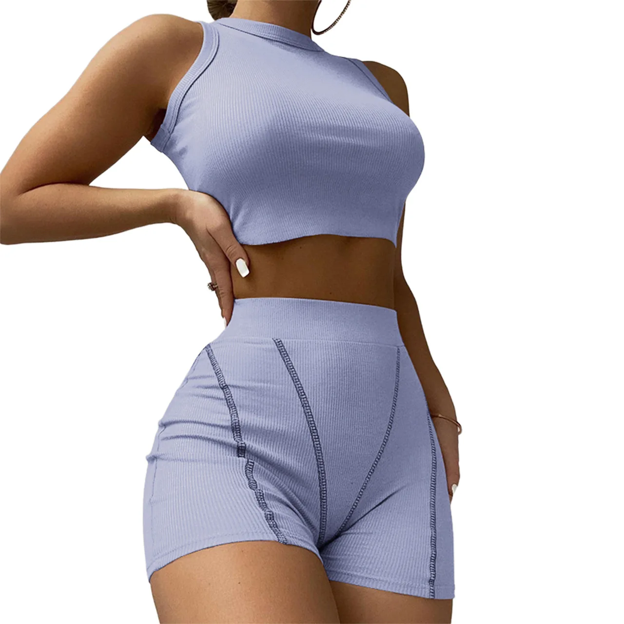 2022 New Arrivals Sport Short Sleeveless Bodycon Solid Casual Summer Woman Clothing 2 Piece Set Women Two Piece Outfits Set