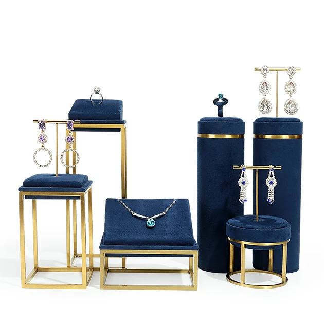 Custom Suede Blue Luxury Jewelry Stand Metal Store Jewelry Display Set for Cabinet Counter