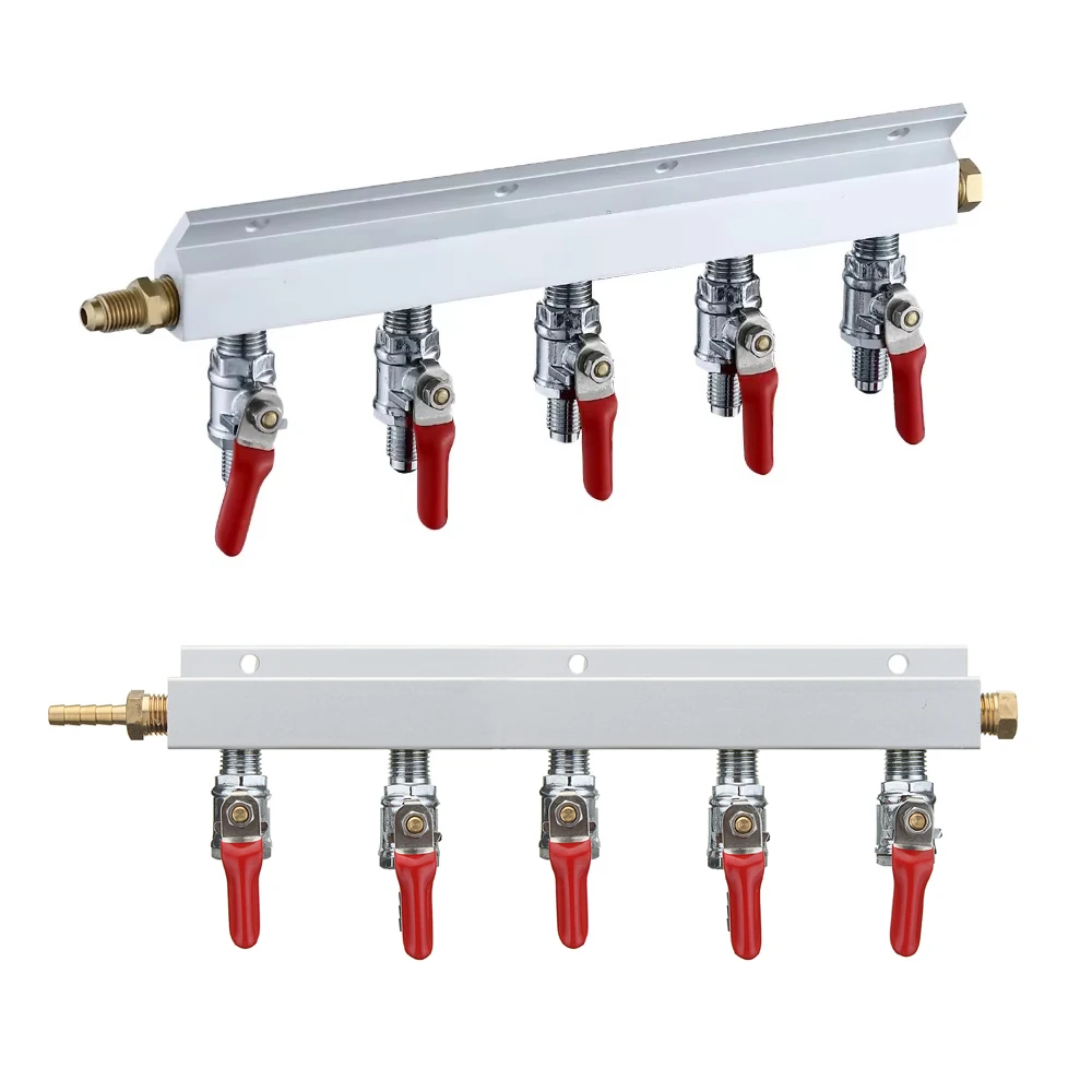 Aluminum 5 Way CO2 Beer Air Distribution Gas Manifold with Check Valve 7mm 8mm 10mm Barb