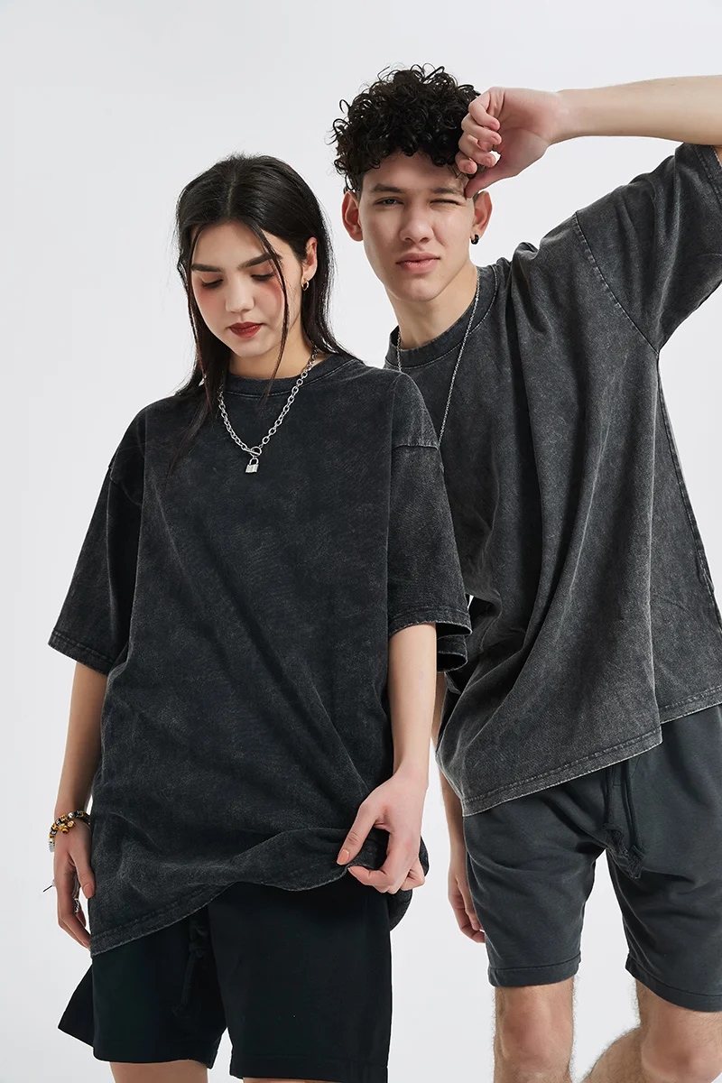 Manufacturers Custom Mens 100% Cotton Acid Washed Tshirt Over Sized Drop Shoulder Heavy Weight 250Gsm Stone Wash t Shirt Men
