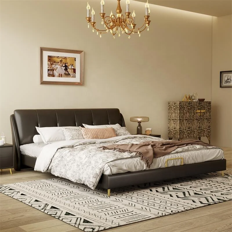 New luxury bedroom furniture Solid wood frame genuine leather bed gas lift storage drawer king size double bed