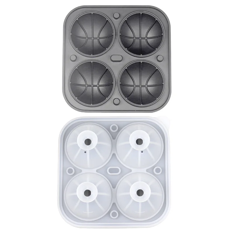 2023 New 3d Basketball Shape Leakproof 4 Cavity Round Ice Ball Maker Silicone Ice Cube Tray