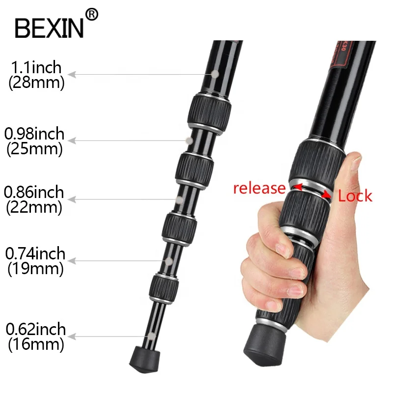 
BEXIN travel 10kg loading 5-section 360 degree rotation ball head Aluminum compact heavy duty camcorder video camera tripod 
