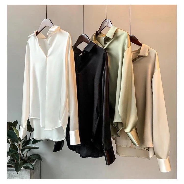 2023 Fashion Long-sleeved Collar Satin  Designer  Korean Style Vintage  Blouses Elegant Women Loose Women Clothing Shirt