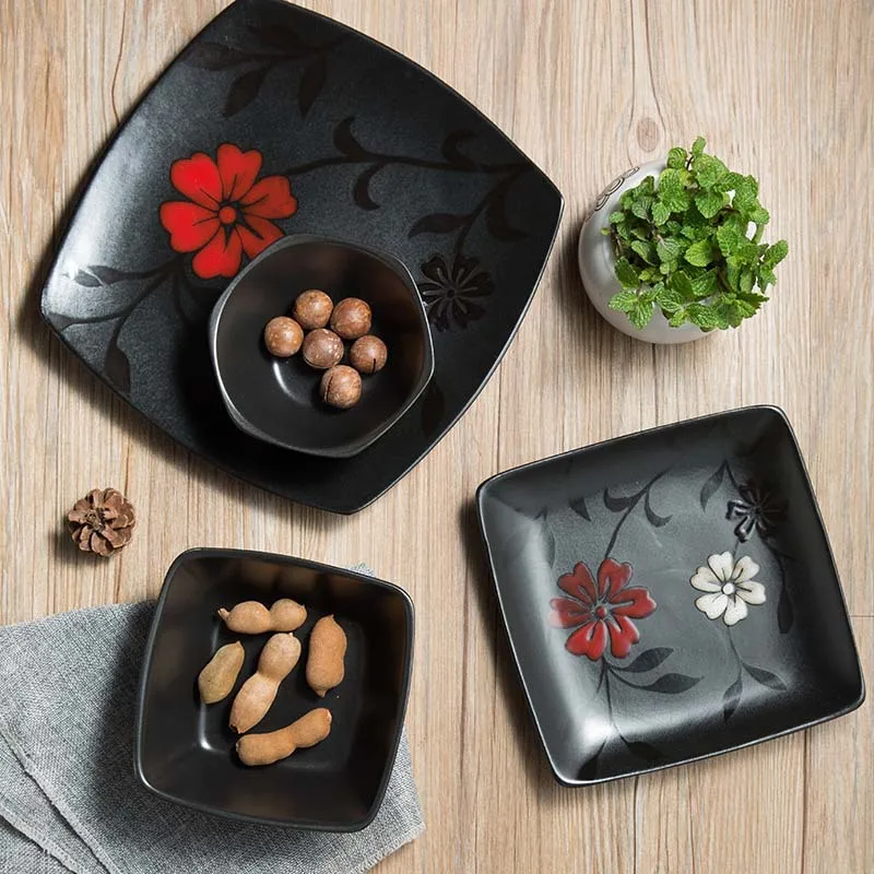 Manufacturers Wholesale Japanese Black Red Hand Made Ceramic Tableware Set Innovate Plate and Cups