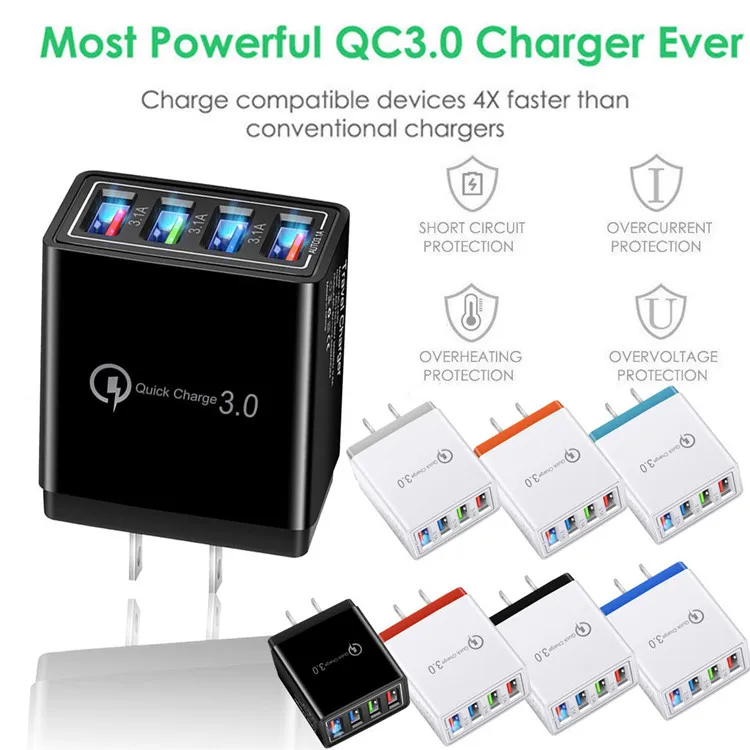 4 Port Fast Quick Charging Wall Charger QC 3.0 USB Hub Power Adapter Plug EU&US