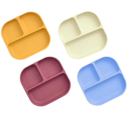 Baby Tableware Set Bpa Free Soft Silicone Sucker Square Three-Compartment Feeding Dinner Plate