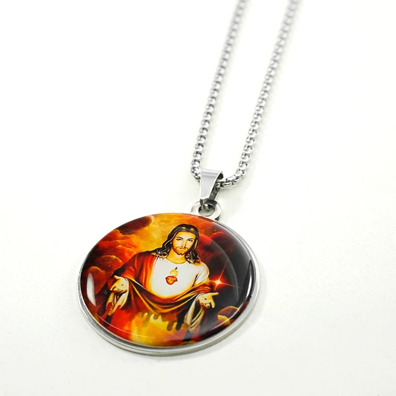 Giveluck Catholic Spiritual Jewelry Gifts Round Disc Stainless Steel Jesus Saint Virgin Mary Pendant Christian Jewelry Necklaces