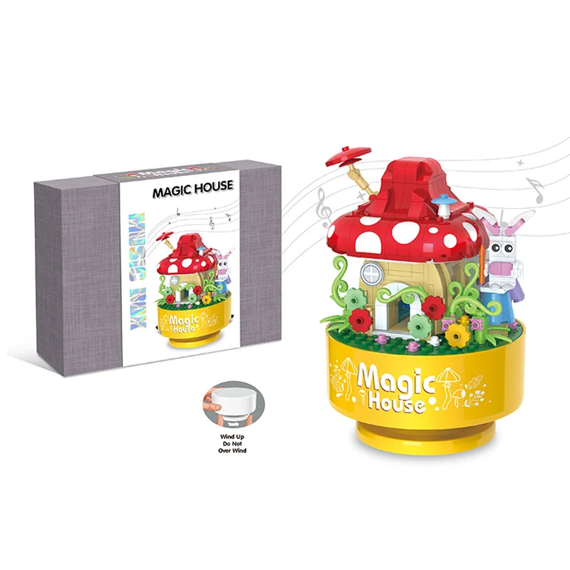 Kids educational mushroom house music box plastic diamond small size building block toy