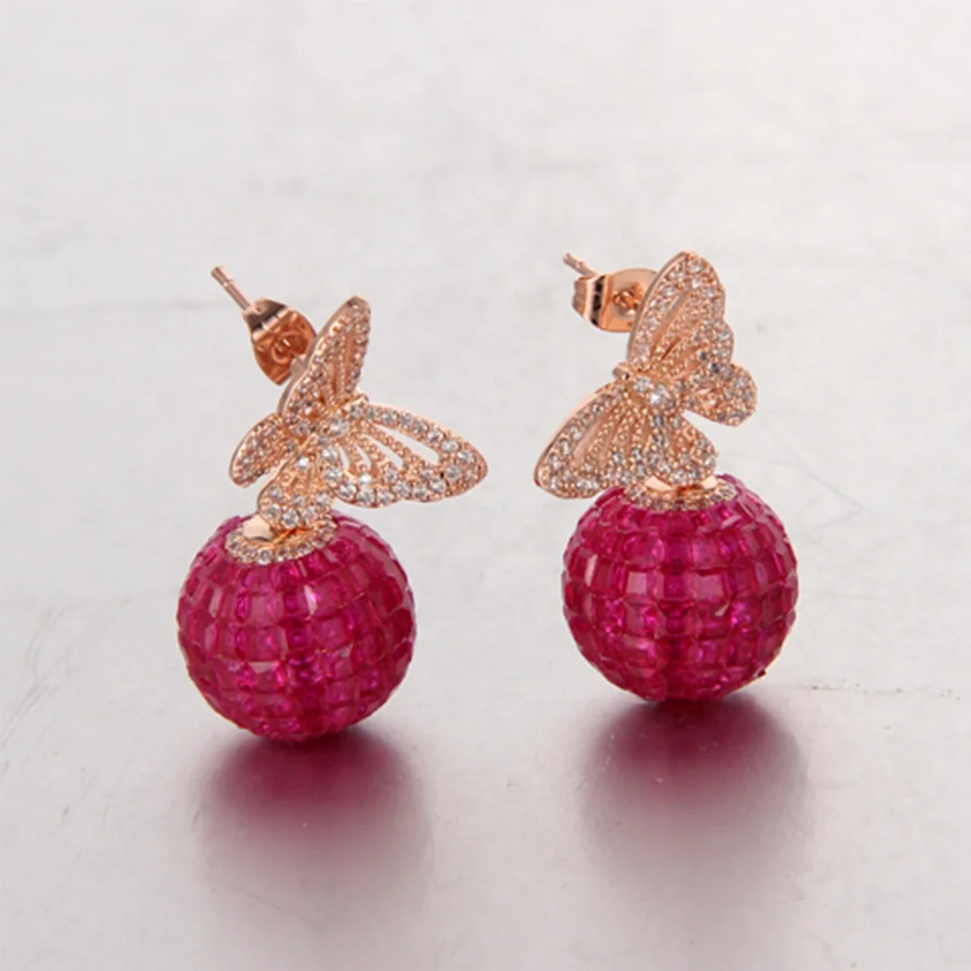 Hot Sale Classic Fashion 5A CZ Ruby Ball Dangle Stud Earrings 925 Sterling Silver Crystal Butterfly Stud Earrings for Women