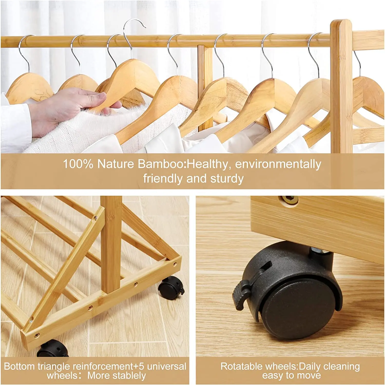 Bamboo Strong Load Up Hat Tree Hanger 3 Layers Wardrobe Storage Shelves with Wheels Movable Clothing Storage Shelves Organizer