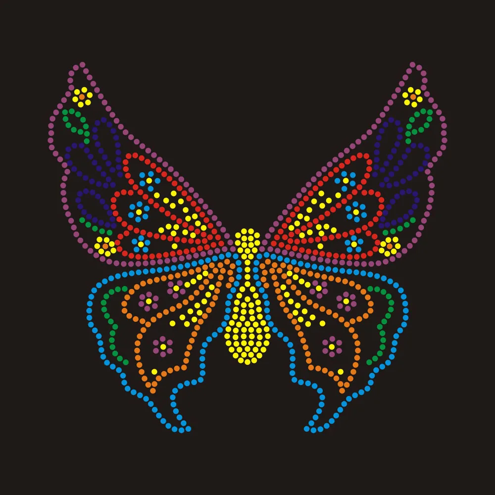 Factory Wholesale custom iron on tshirt transfer Bling Colorful butterfly rhinestone hot fix motifs design