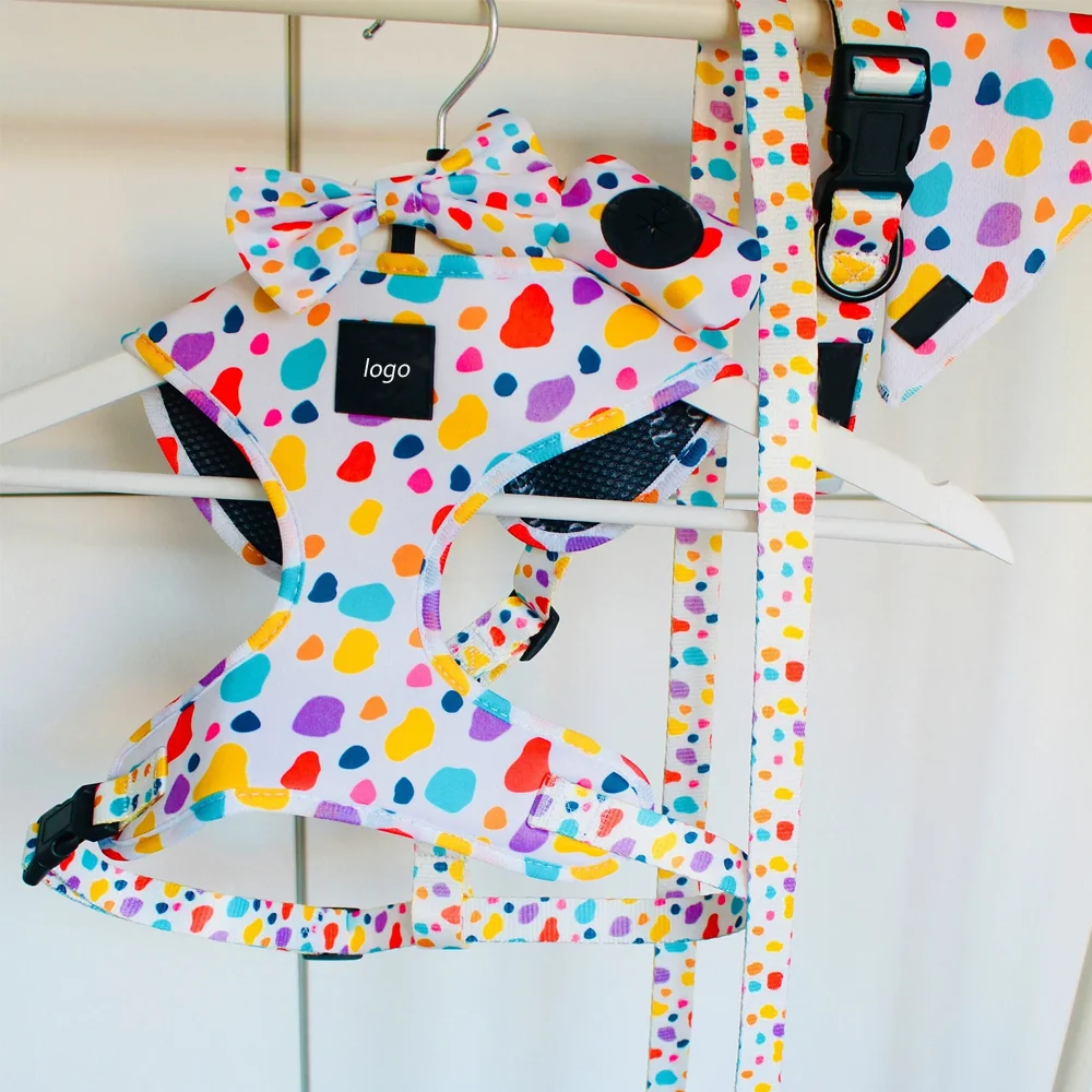 New Fashion Custom Pattern Nylon Soft Padded Dog Harness Set for Dogs Bow Ties