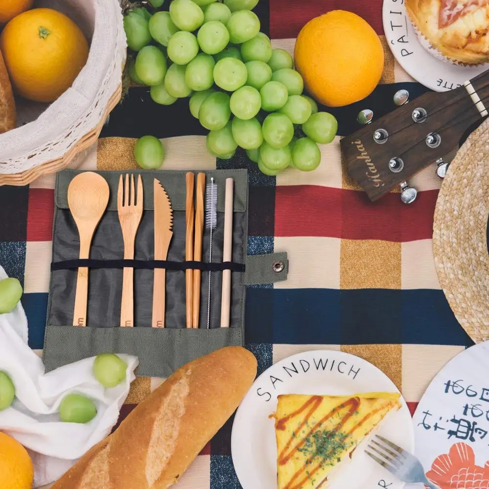 Набор дорожной посуды из бамбука, экологичные столовые приборы для кемпинга с соломинкой, посуда из органического бамбука с хлопковым мешочком