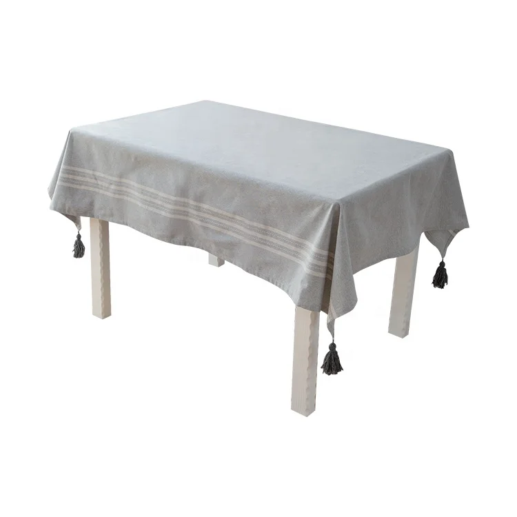Wholesale modern design luxury plain gray cotton woven fabric hotel dinner decoration tablecloth with tassels table cover