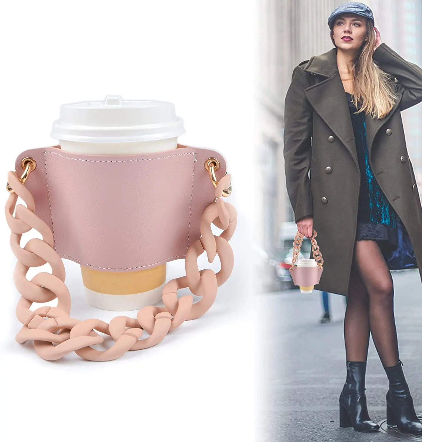 2021 new reusable PU leather coffee tea cup sleeve big acrylic chain strap outdoor glass water cup sleeves for coffee