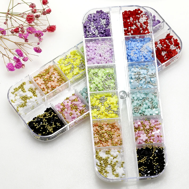 Complete set of boxed flat back three-dimensional acrylic nail art petal DIY decoration 12 grid set five petal flower