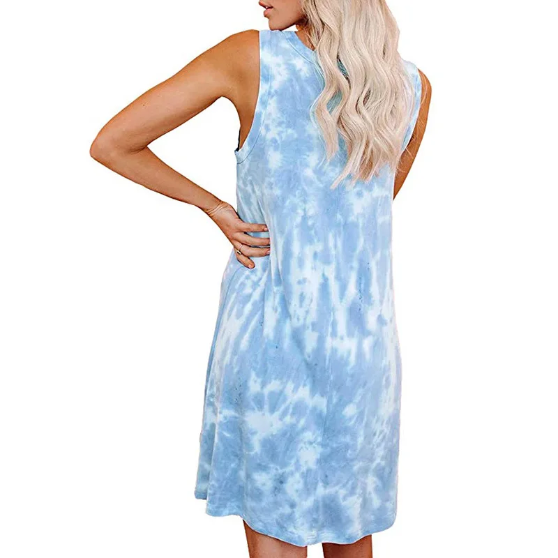 Women Casual Short Dress Tie Dye T Shirt Dress Crew Neck Sleeveless Loose Stretchy Summer Tank Mini Dress