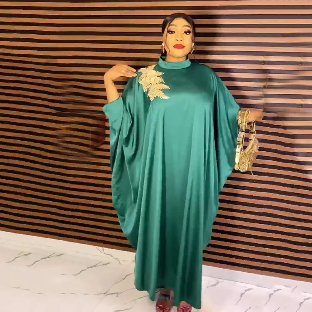 2023 Muslim dresses Silk Bat Sleeve Large Swing Skirt Embroidered Flower Large Skirt abaya Ice Silk loose dress for women