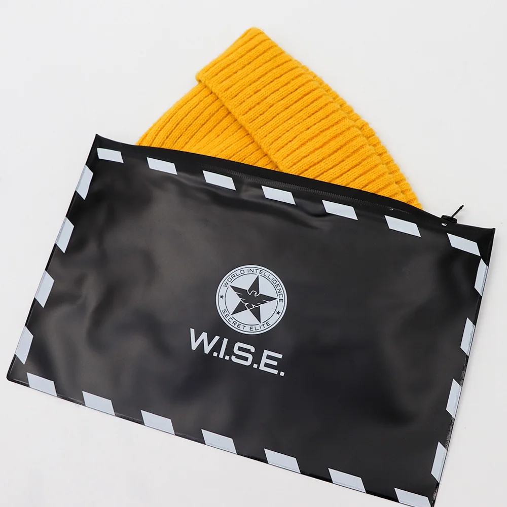 Simple black  clothing hat  waterproof zipper bag custom printed logo black pvc pouch bag