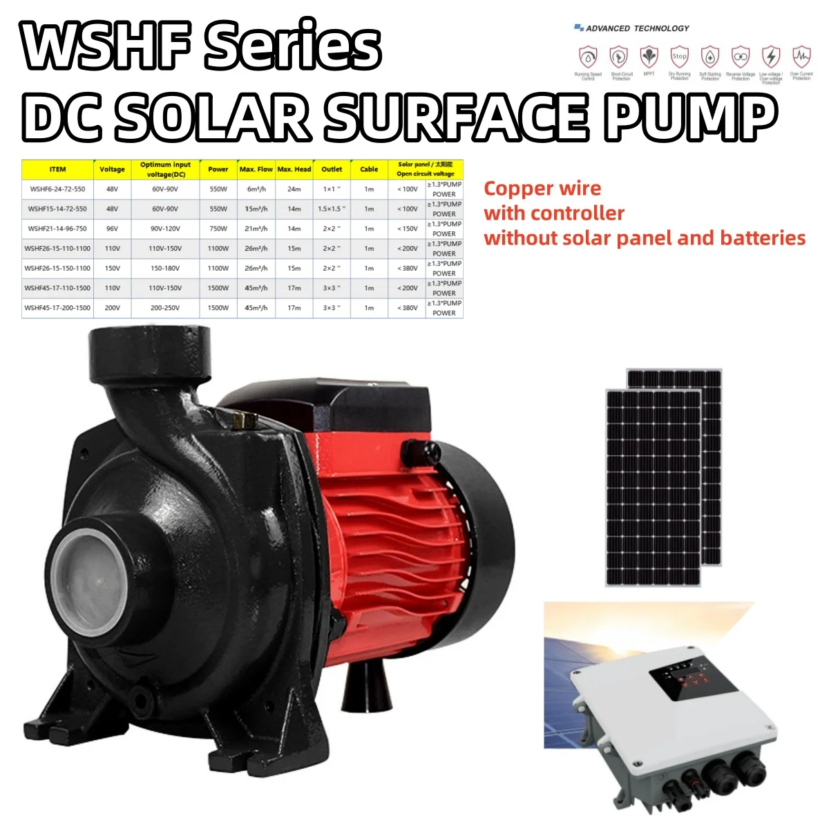 WSHF21-14-96-750 1hp 96v DC Solar Surface Water Pump Agriculture Irrigation Solar Pumps With controller