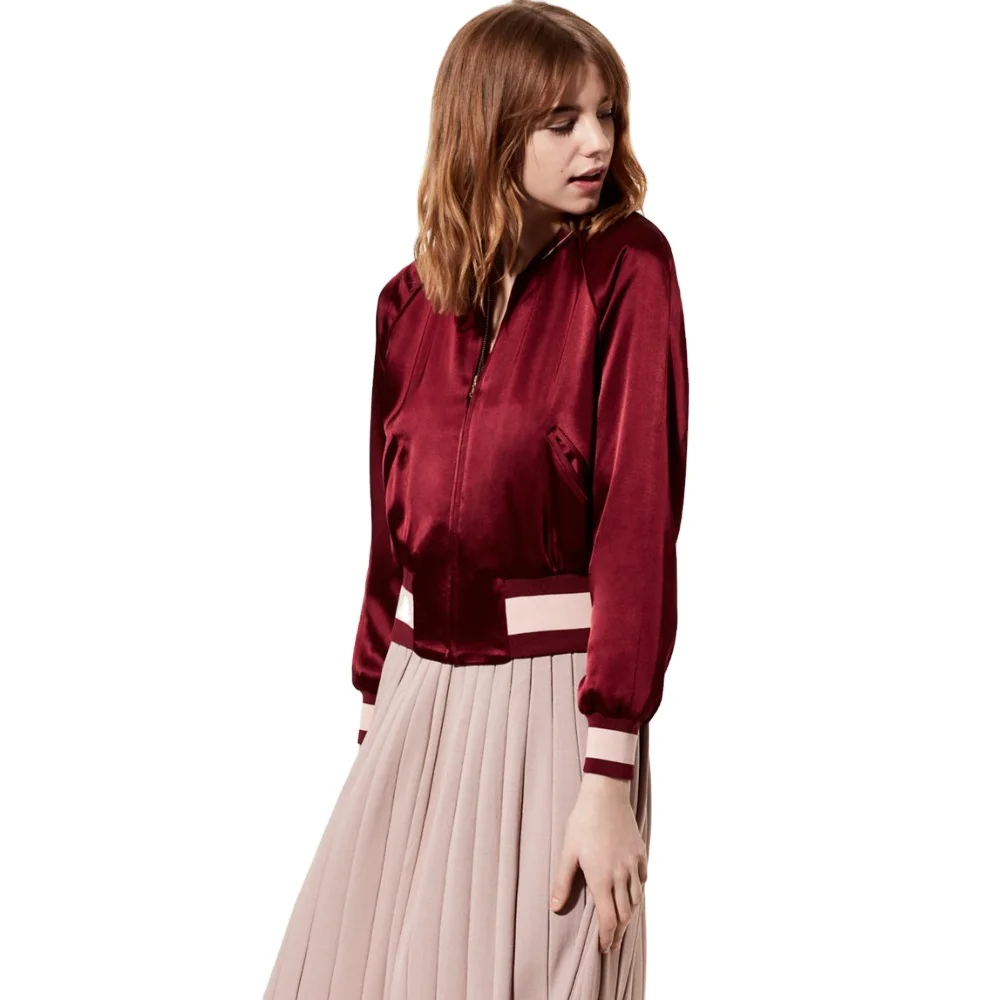 2021 new arrivals fashion casual women clothing custom plain pink satin bomber varsity jacket