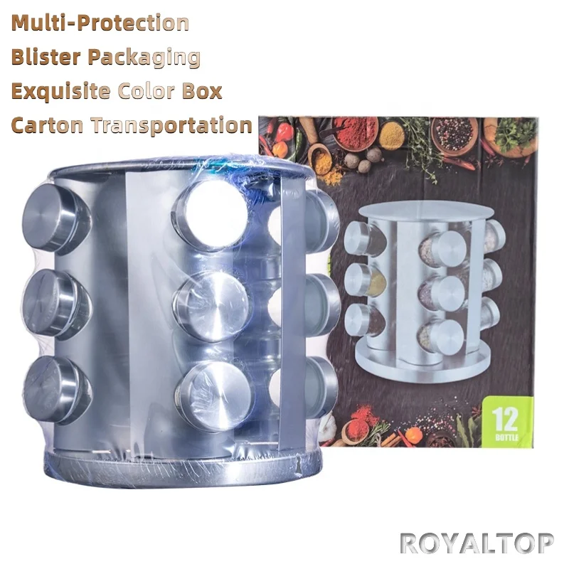 hot sale color box blister rotating spice rack 12 jars glass spice jar bottle organizer set with stainless steel carousel stand