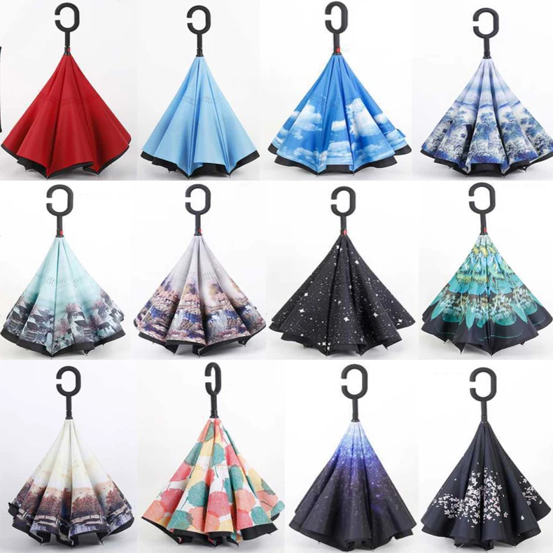 Ручной двухслойный перевернутый Ветрозащитный Зонт с ручкой «свободные руки»