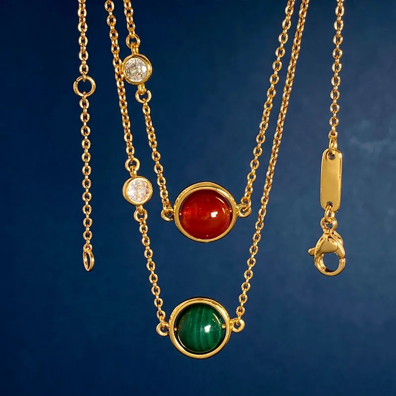 Lucky Fortune Rotate Bead Natural Onyx Malachite Round Solitaire Diamond Necklace