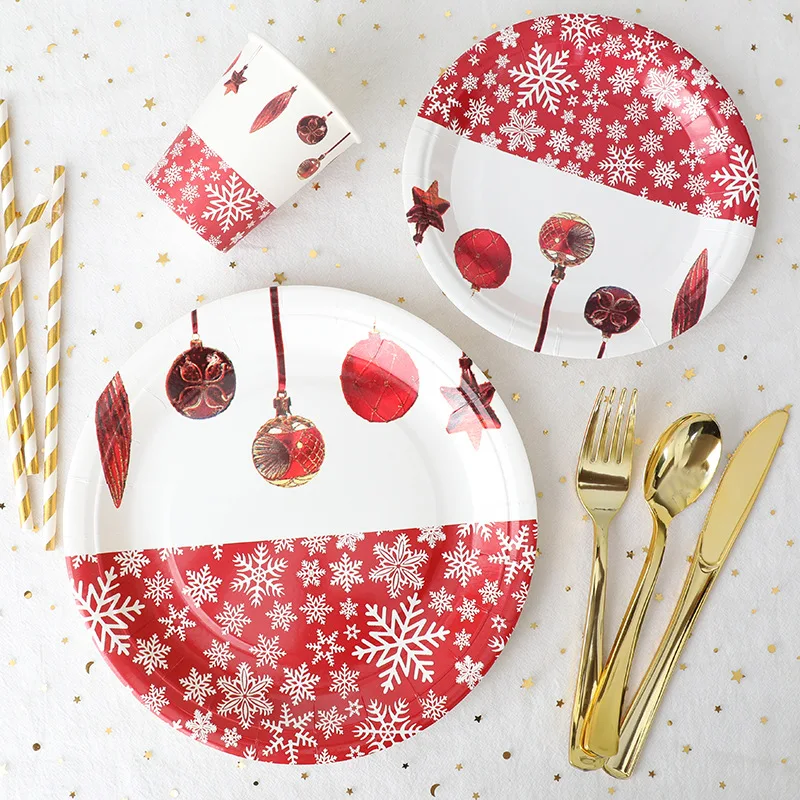 10pcs/set 7 Inch 9 Inch Plates Red Christmas Ball Party Disposable Tableware Set Forks Knives Spoons Cups For Party Supplies