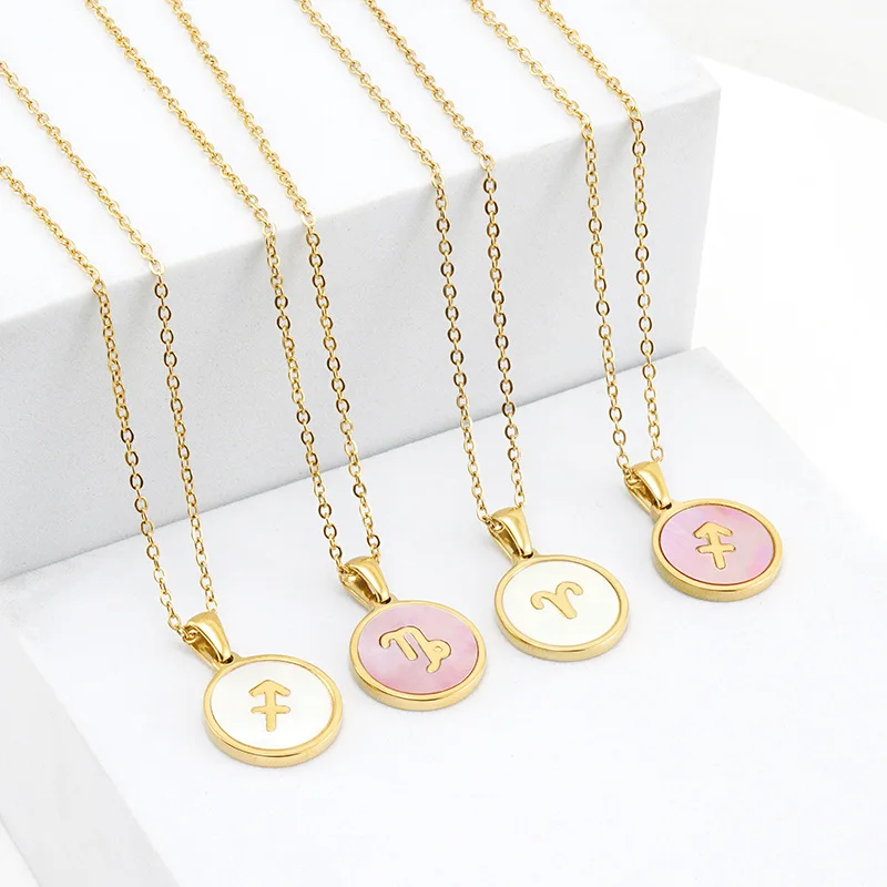 18K Gold Plated Stainless Steel 12 Horoscope Sign Coin Pendant Fashion Round Zodiac Necklace Jewelry For Couple