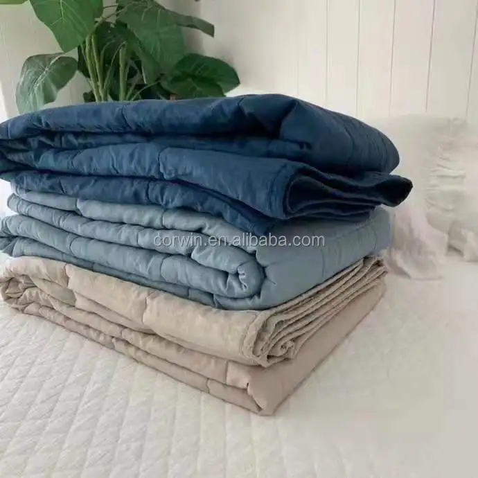 Stone-washed 100% Linen quilt Twin size high quality luxury Bedding Cover Plain dyed bedspread Basic bedding  hotel Blue Beige